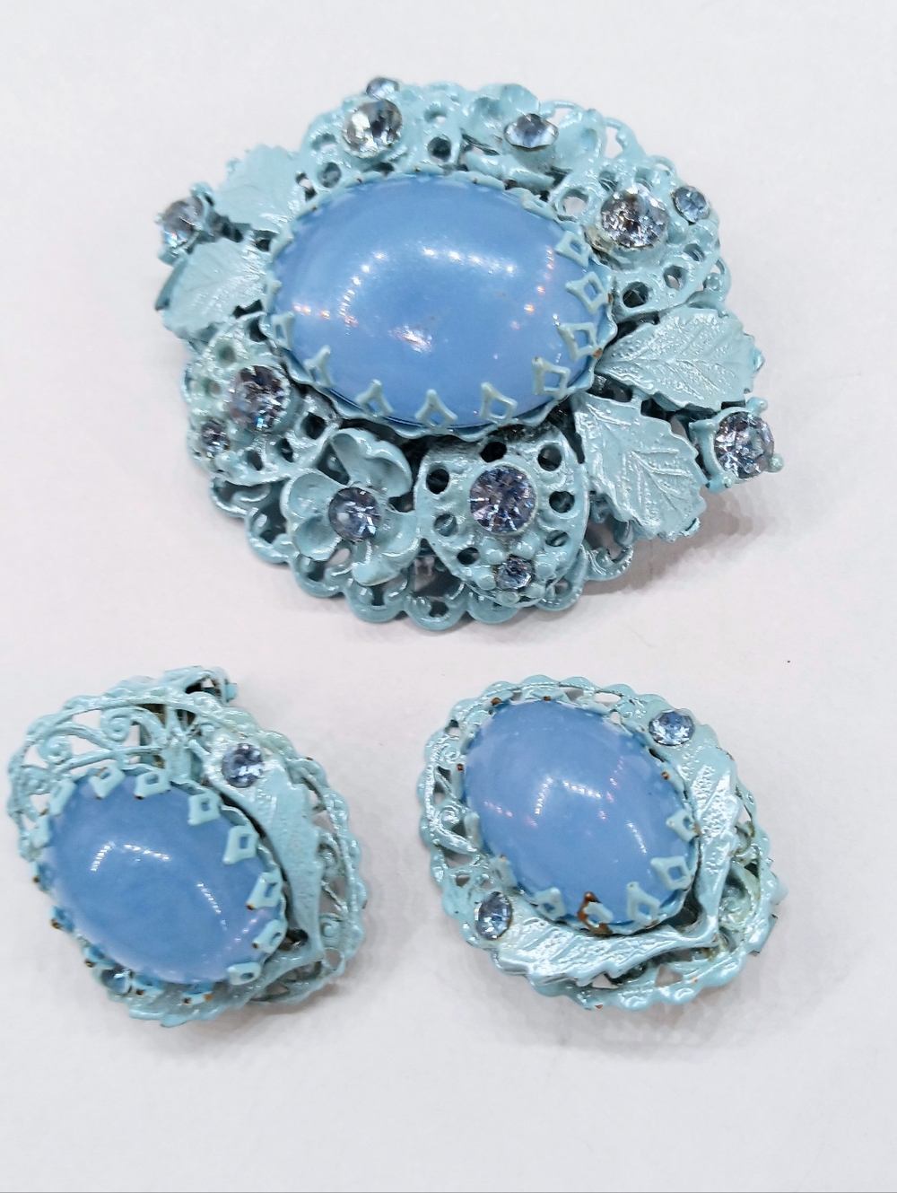 Vintage Enameled Powder Blue Brooch Earrings Set